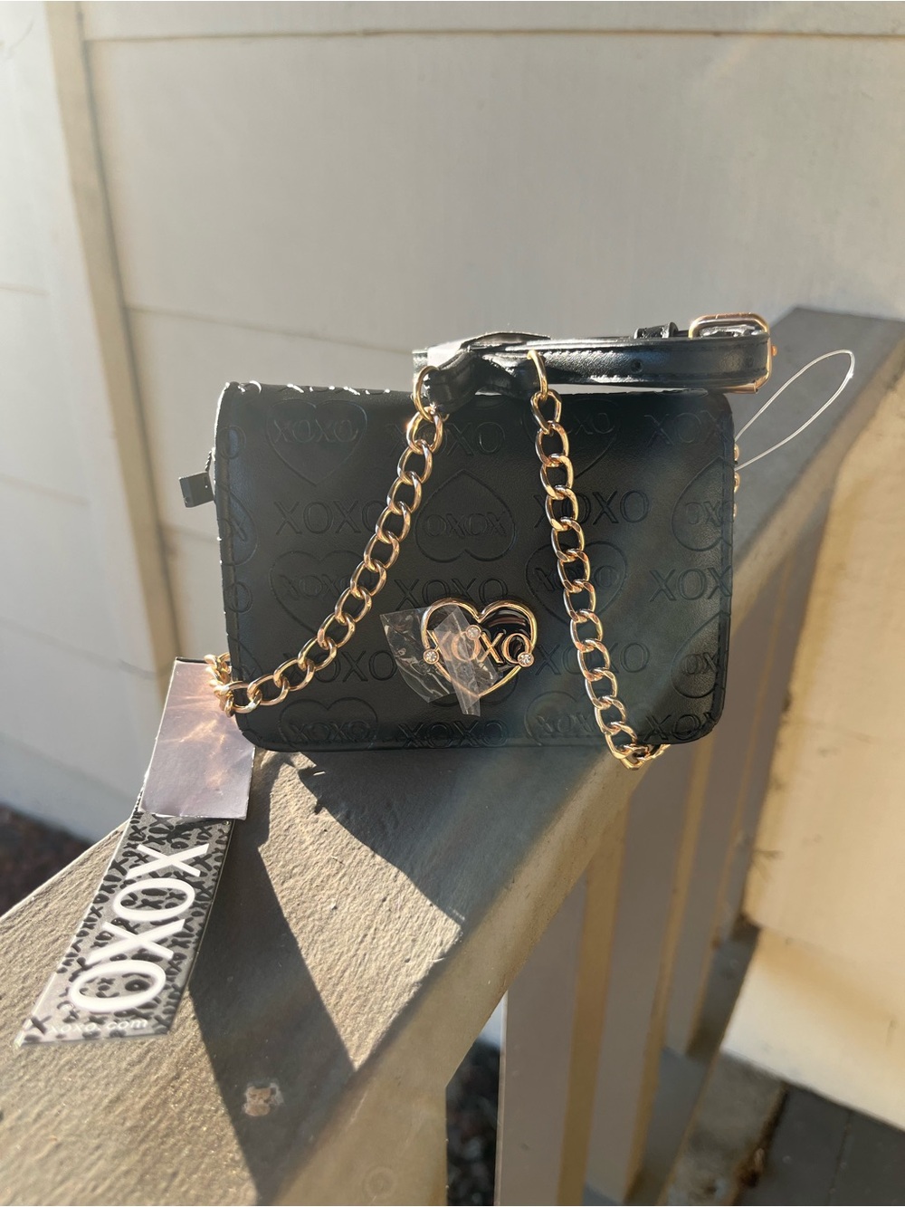 XOXO Black Quilted Mini Crossbody with Gold Heart Chain
